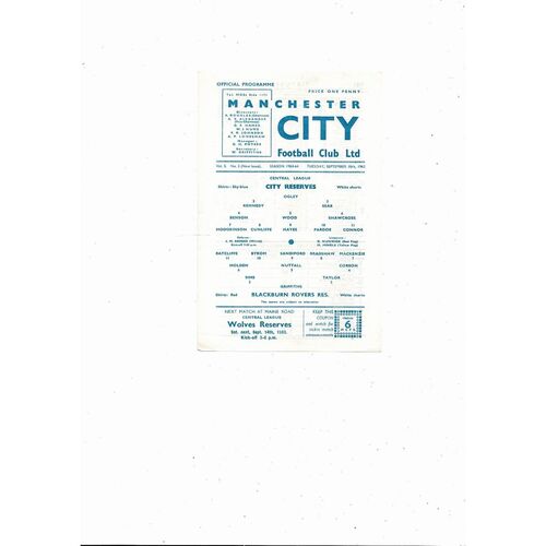 Manchester City v Blackburn Rovers Central League Football Programme 1963/64