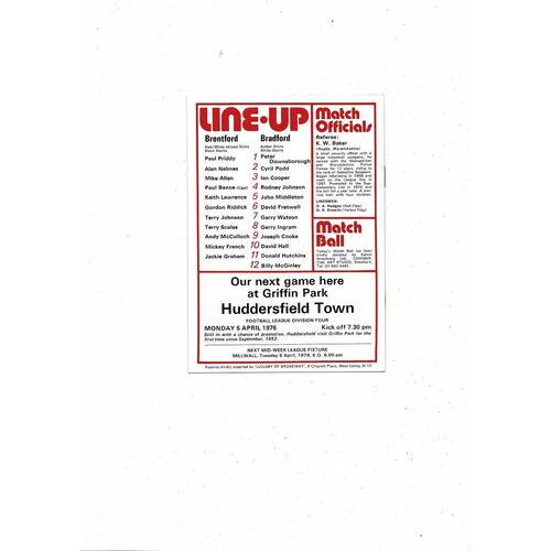 1975/76 Brentford v Bradford City Football Programme