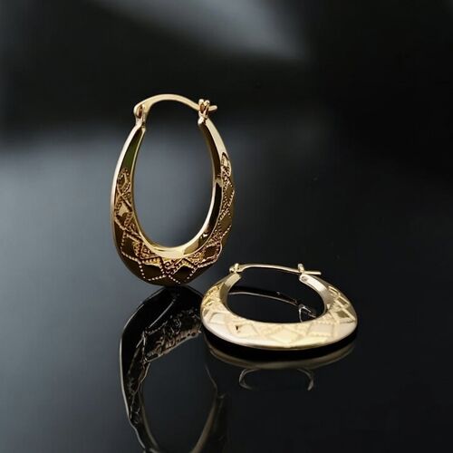 9ct gold oval creole hoops with diamond pattern 