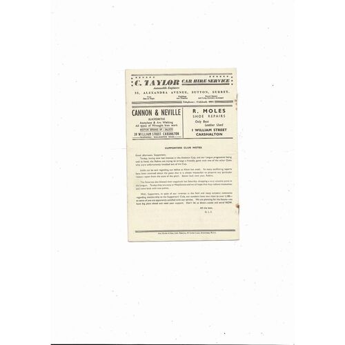 Carshalton Athletic v Kingstonians Friendly Football Programme 1956/57