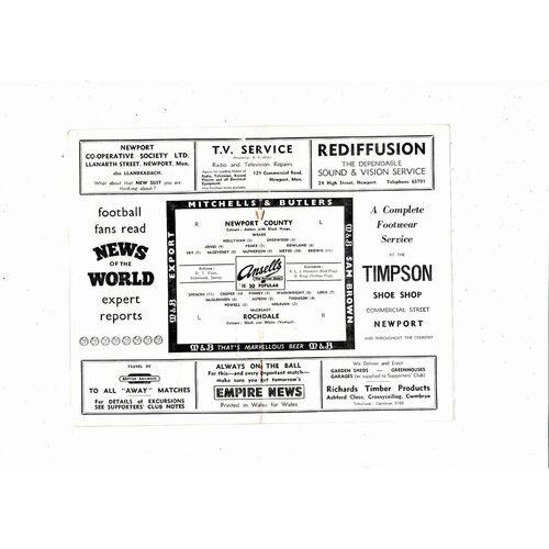 1958/59 Newport County v Rochdale Football Programme