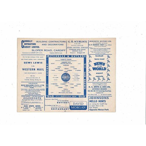 1959/60 Cardiff City v Port Vale FA Cup Football Programme