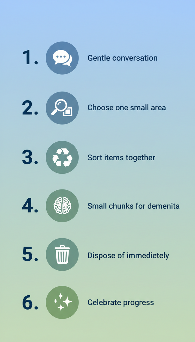 Six practical steps for helping a loved one with clutter: gentle conversation, choosing small area, sorting items, chunking for dementia, immediate removal, and celebrating progress