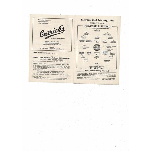 1956/57 Newcastle United v Charlton Athletic Football Programme
