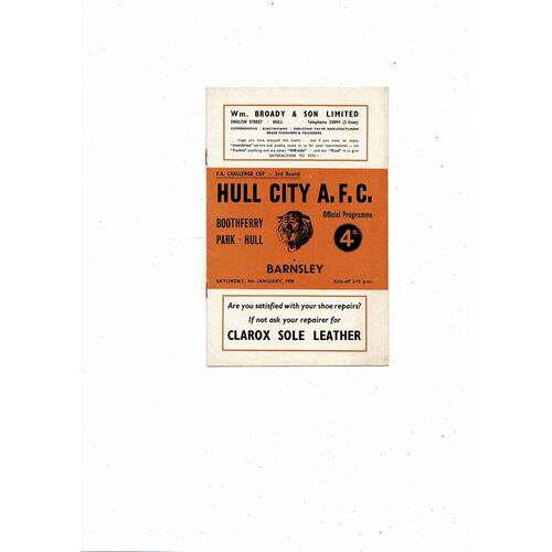1957/58 Hull City v Barnsley FA Cup Football Programme