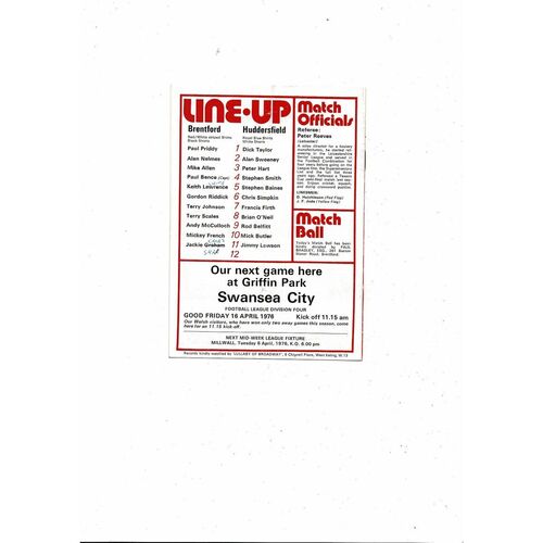 1975/76 Brentford v Huddersfield Town Football Programme
