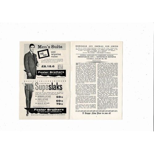 1961/62 Birmingham City v Tottenham Hotspur FA Cup Football Programme