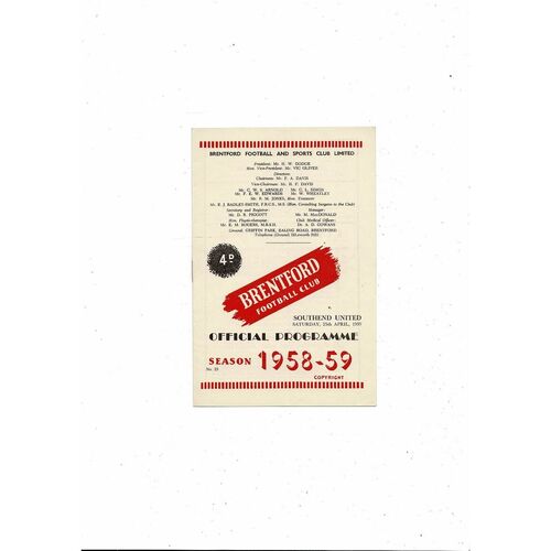 1958/59 Brentford v Southend United Football Programme