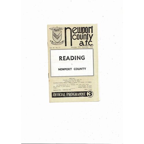 1958/59 Newport County v Reading Football Programme