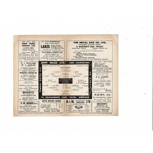 1962/63 Kingstonian v Barnet London Snr Cup Final Football Programme @ Hayes