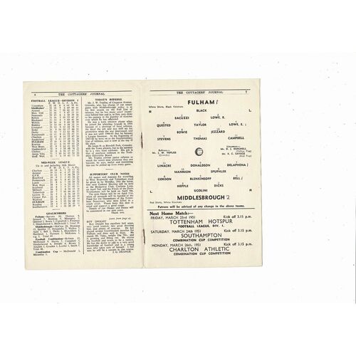 1950/51 Fulham v Middlesbrough Football Programme