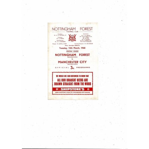 Nottingham Forest v Manchester City Central League Football Programme 1967/68