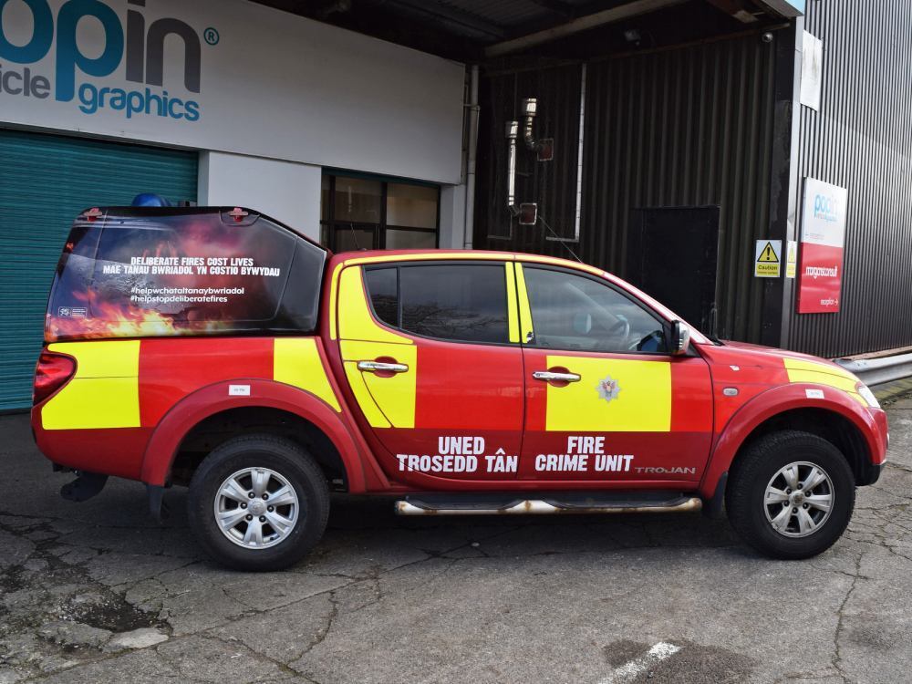 South Wales Fire livery on Mitsubishi L200 outside Popin Graphics in Cardiff.