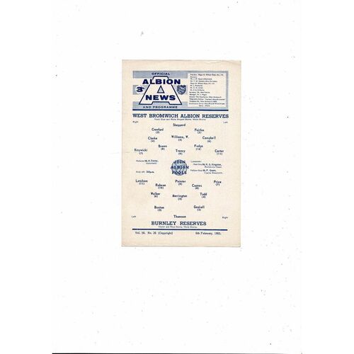 West Bromwich Albion v Burnley Central League Football Programme 1964/65
