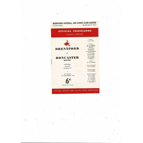1962/63 Brentford v Doncaster Rovers Football Programme