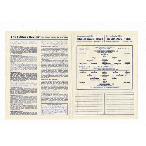 1957/58 Tottenham Hotspur v Hibernian Friendly Football Programme