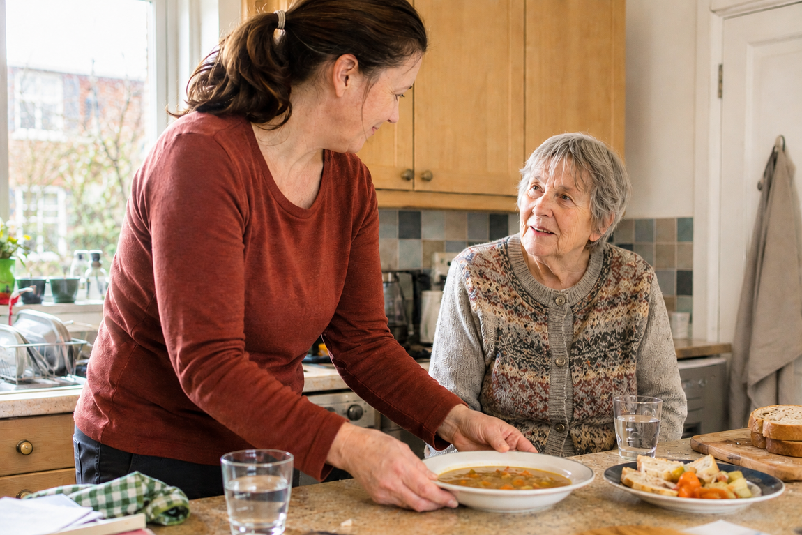 Personal Assistant preparing a nourishing meal for an older woman following a hospital stay.