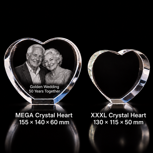 MEGA 3D Crystal Heart Photo Gift – 155 × 140 × 60 mm