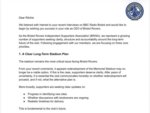 Open Letter to CEO Ritchie Bates | Bristol Rovers ISA