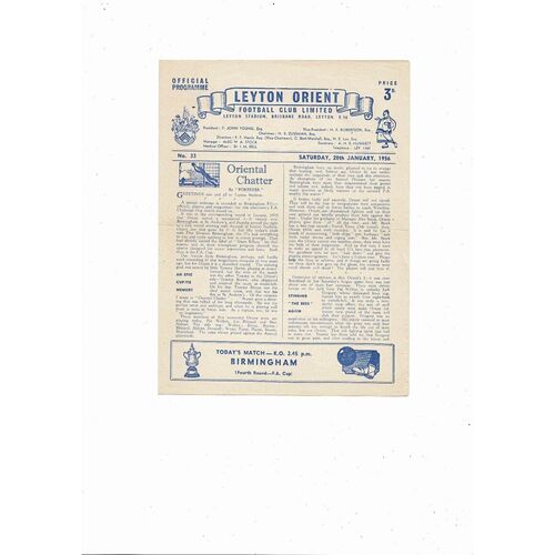1955/56 Leyton Orient v Birmingham City FA Cup Football Programme