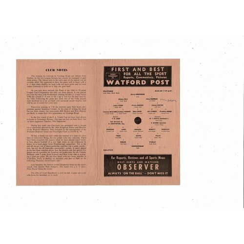 1961/62 Watford v Halifax Town League Cup Football Programme
