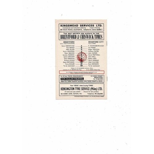 1973/74 Brentford v Bradford City Football Programme