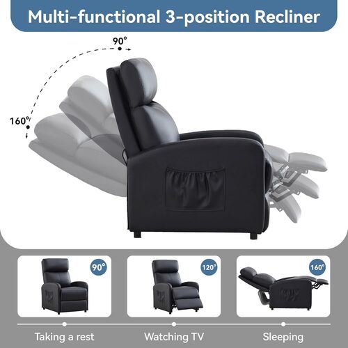 mcc direct Push Back Recliner Chair, PU Leather Single Sofa with Lumbar Support, Padded Backrest, Side Pocket and Adjustable Leg Rest for Home Living Room Theatre (Shadow Black)