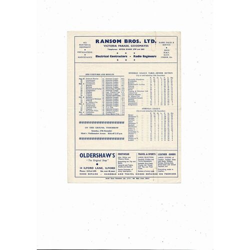 Isthmian League v Athenian League Friendly Football Programme 1958/59
