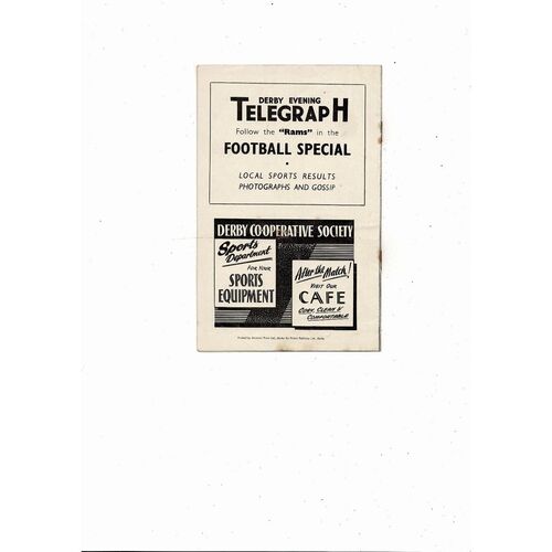 1958/59 Derby County v Barnsley Football Programme