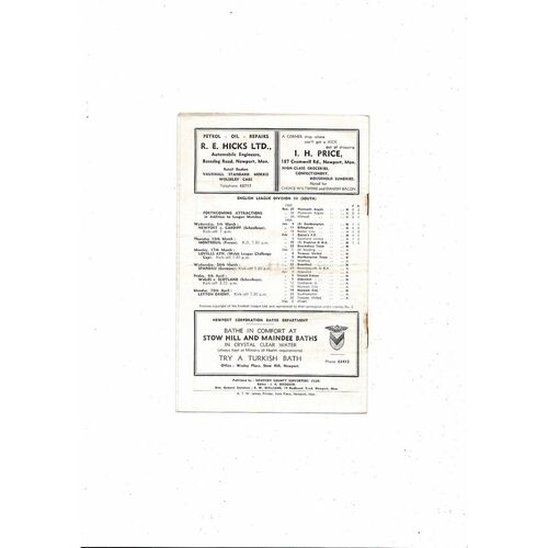 1957/58 Newport County v Shrewsbury Town Football Programme