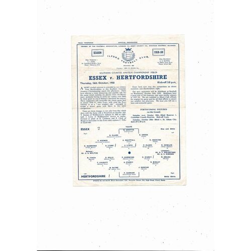 1958/59 Essex v Hertfordshire South East Amateur Championship Football Programme