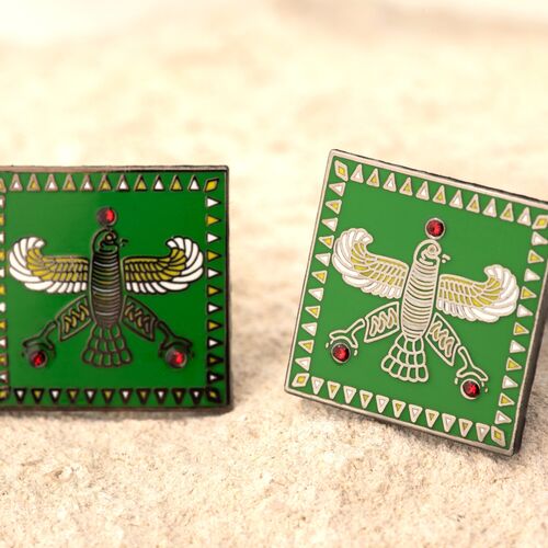 Cufflinks. The Persian Falcon. Medium Green with 3 Red Stones.