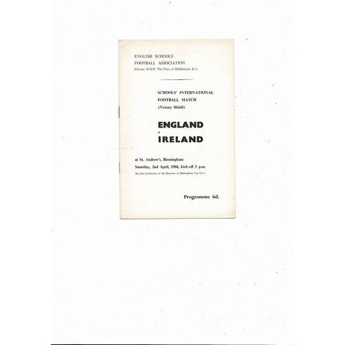 1965/66 England v Ireland schools International Football Programme @ Birmingham