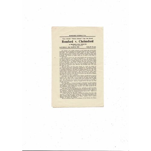 Romford v Chelmsford Essex Schools Robert Johnson Cup Football Programme 1955/56
