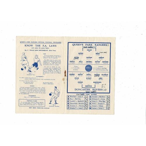 1950/51 Queens Park Rangers v Doncaster Rovers Football Programme