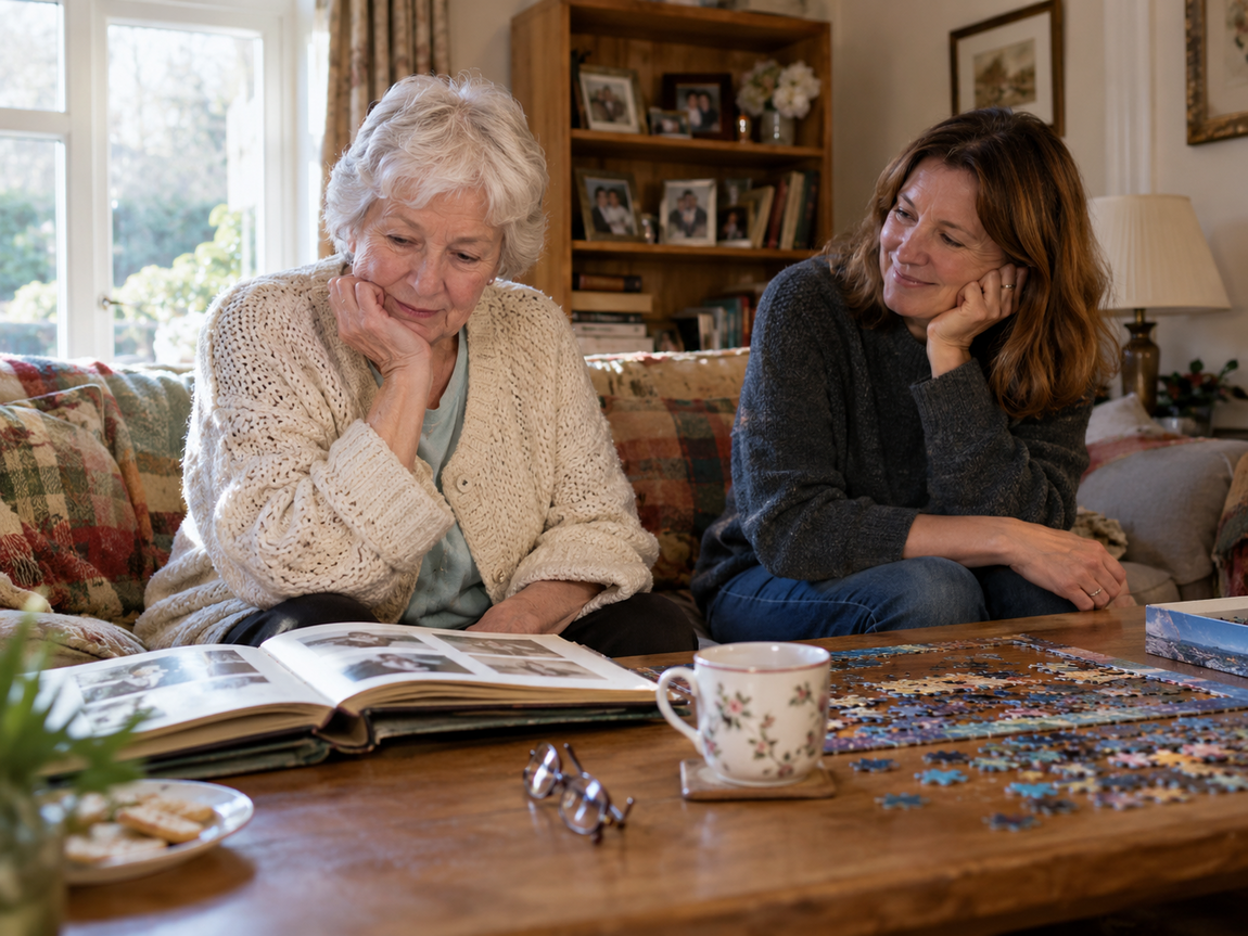 Older woman and a relative sitting together in a living room, looking through a photo album beside a partly completed jigsaw puzzle.