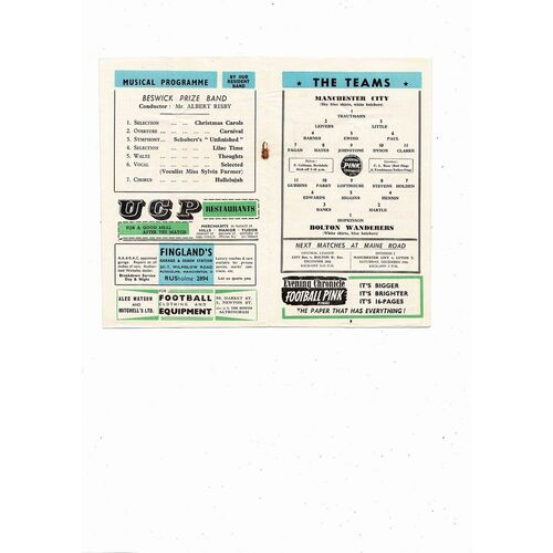 1956/57 Manchester City v Bolton Wanderers Football Programme
