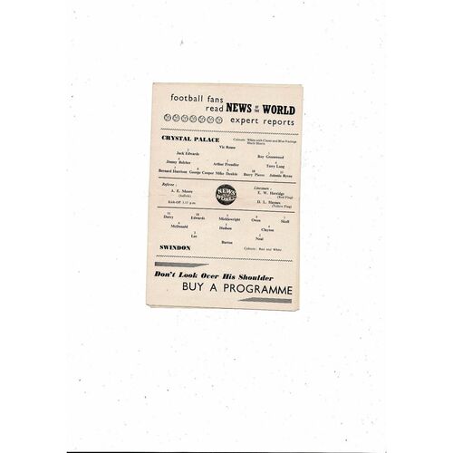 1957/58 Crystal Palace v Swindon Town Football Programme