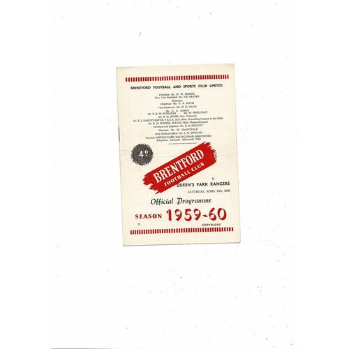 1959/60 Brentford v Queens Park Rangers Football Programme