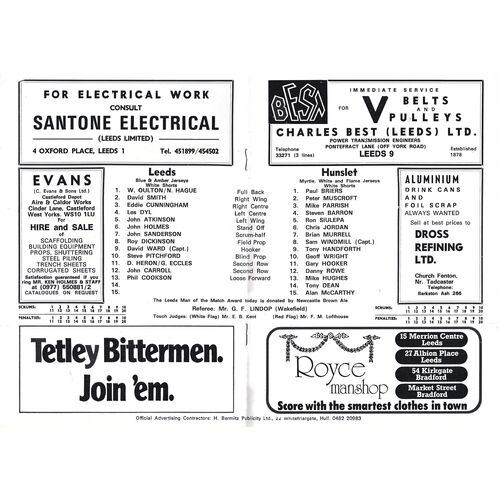 1979/80 Leeds v Hunslet (26/12/1979) Rugby League Programme