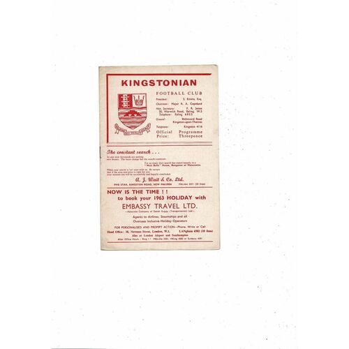 1962/63 Kingstonian v Wimbledon Surrey Senior Cup Football Programme