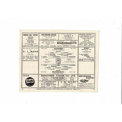 1954/55 Brentford v Bournemouth Football Programme