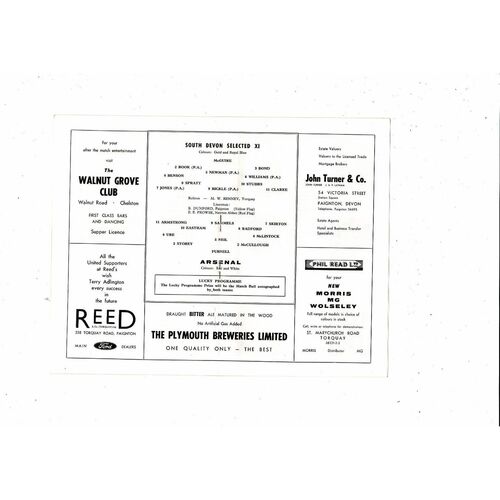 South Devon Select v Arsenal Terry Adlington Testimonial Football Programme 1965/66