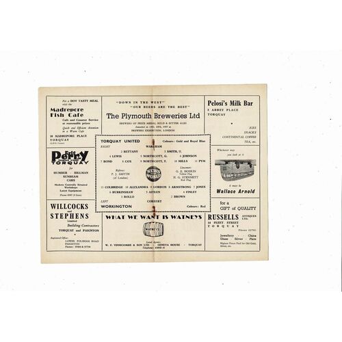 1958/59 Torquay United v Workington Football Programme