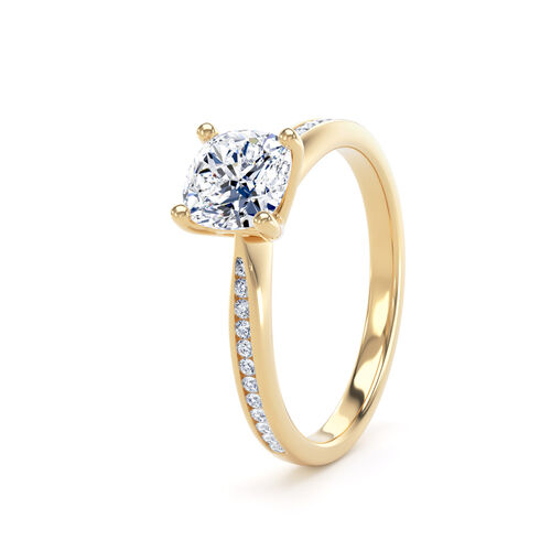 Cushion cut solitaire with diamond set shoulders