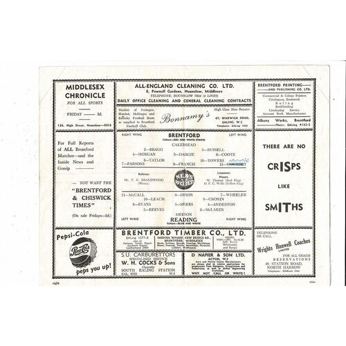 1956/57 Brentford v Reading Football Programme