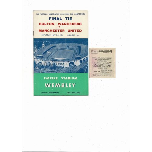 1958 FA Cup Final Bolton v Manchester United Programme Ticket & signed Picture