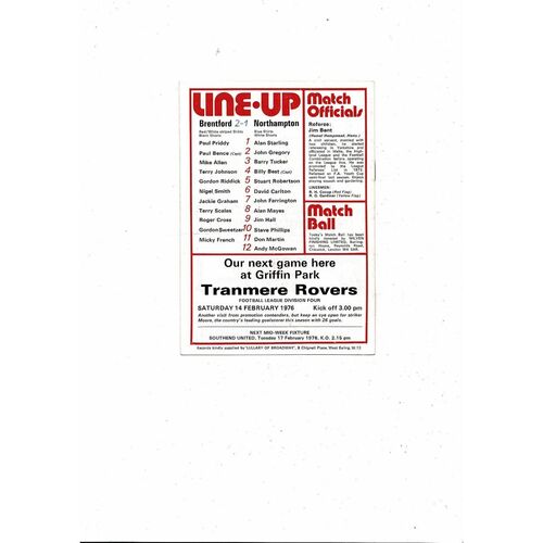 1975/76 Brentford v Northampton Town Football Programme