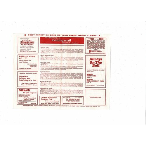 1971/72 Brentford v Southport Football Programme