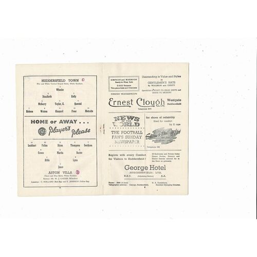 1954/55 Huddersfield Town v Aston Villa Football Programme